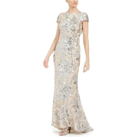 Calvin Klein Dresses & Skirts - Calvin Klein Sequined Cap Sleeve Draped-Back Champagne Gown Dress, Size 2